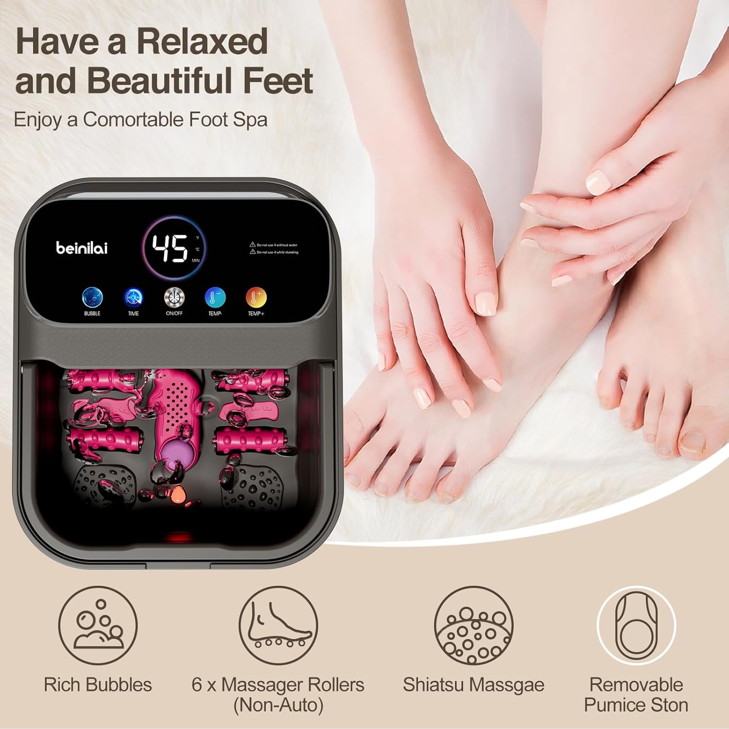 Collapsible Foot Spa Massager Heat Bubble Rollers Timer Temp Control