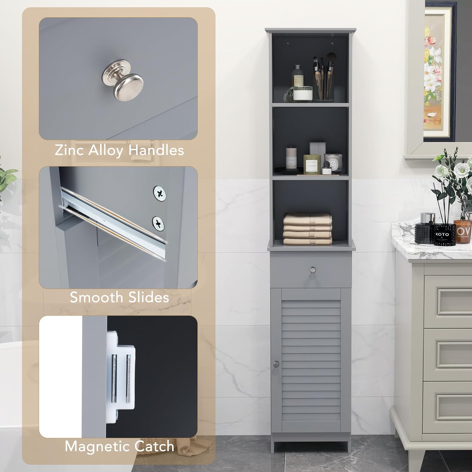 Slim Bathroom Tall Cabinet Drawer Door Shelf Unit Grey
