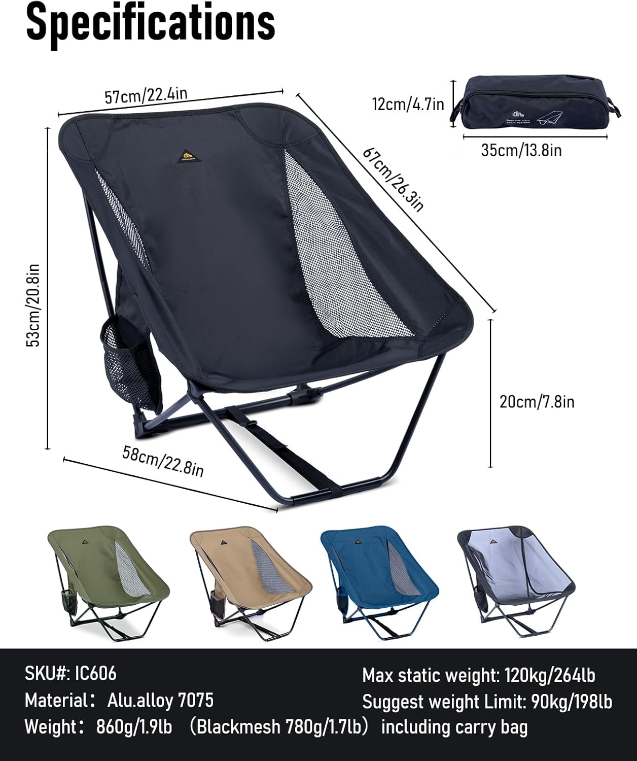 Black Ultralight Low Camping Chair Compact Folding Seat