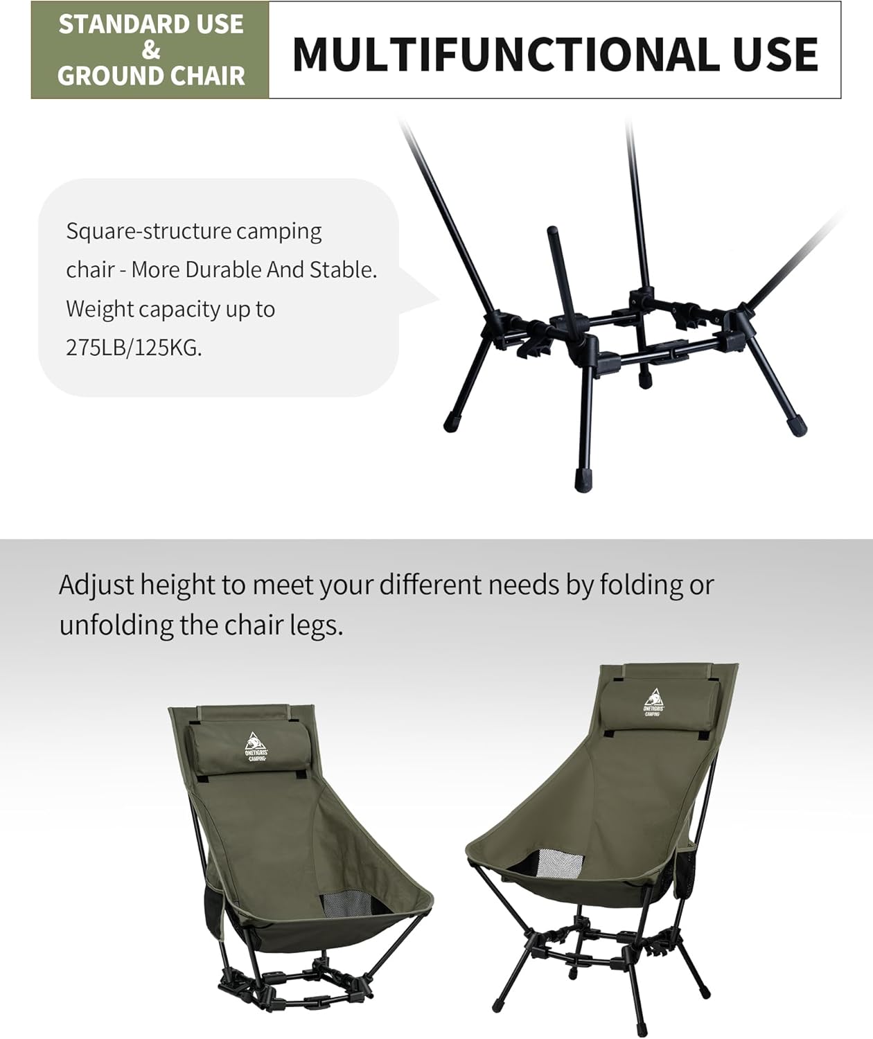 Oversized Camping Chair with Pillow 275lb Green