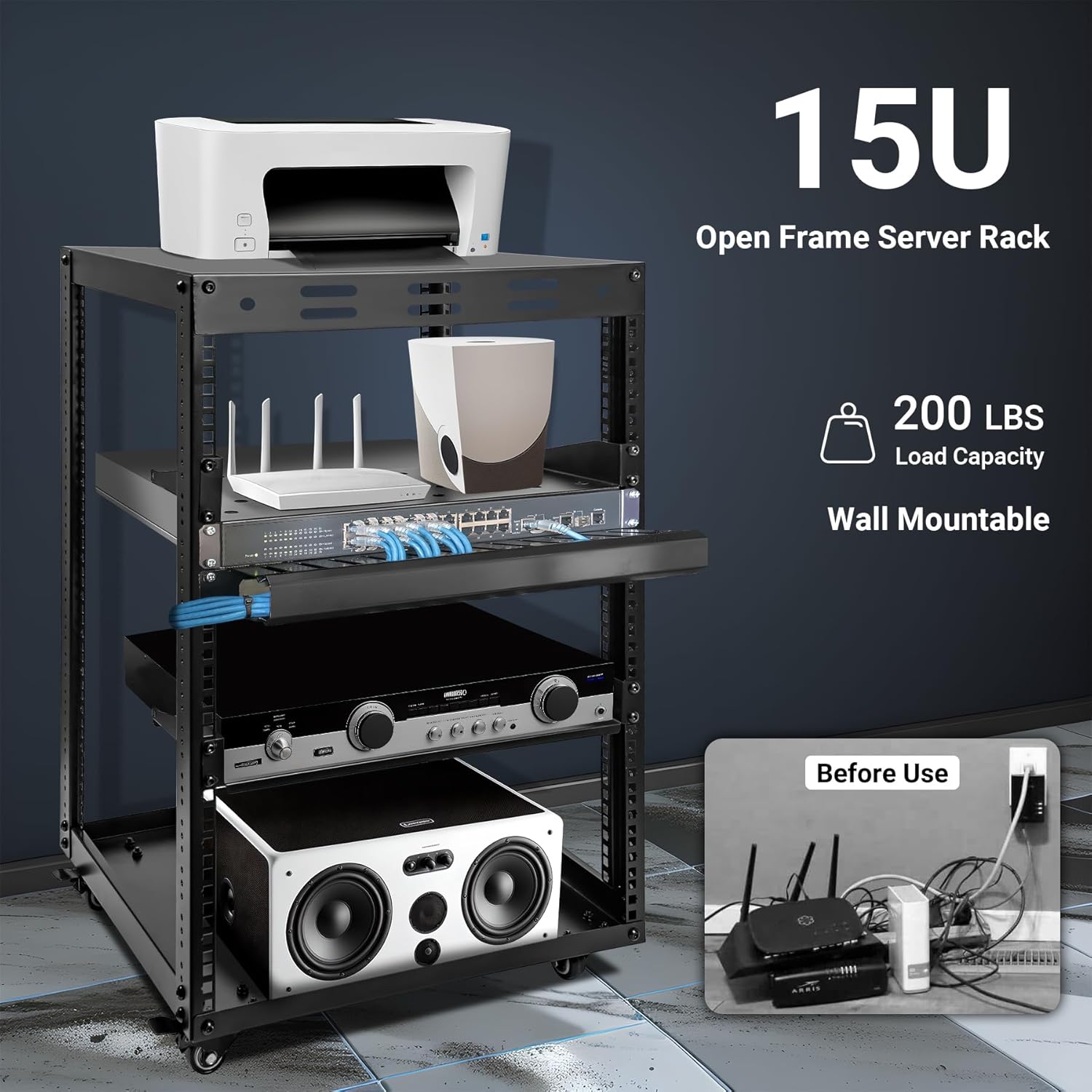 15U Open Frame Server Rack with Wheels 2 Shelves