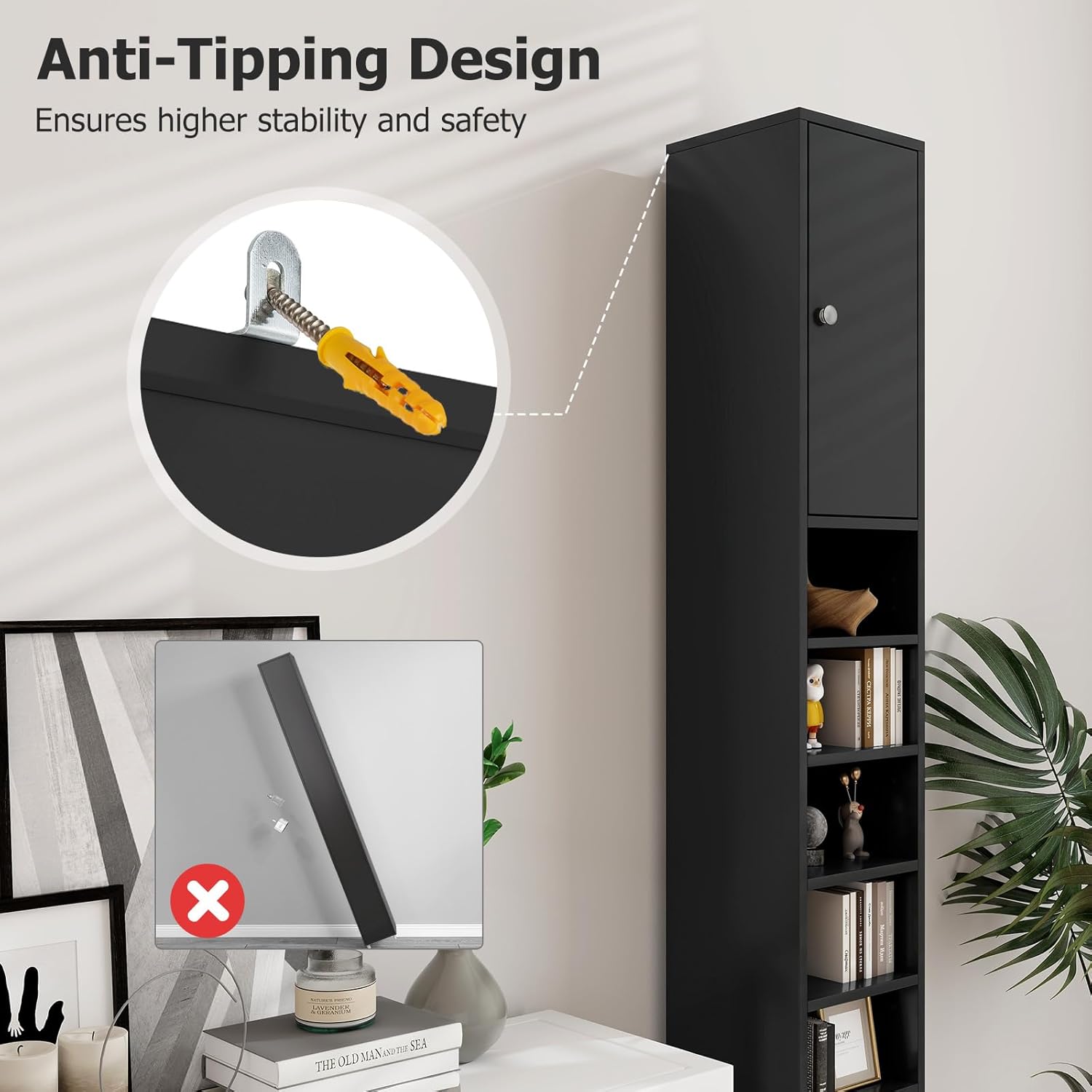 Tall Slim Bathroom Storage Cabinet Drawer Adjustable Shelves Black