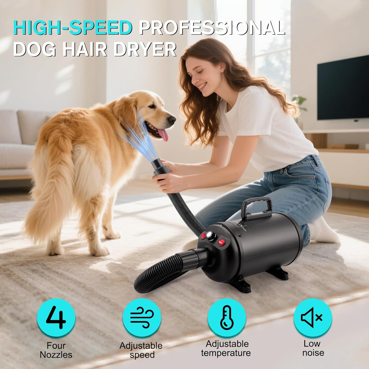 Dog Hair Dryer 3800W 5.2HP Low Noise 4 Nozzle Black