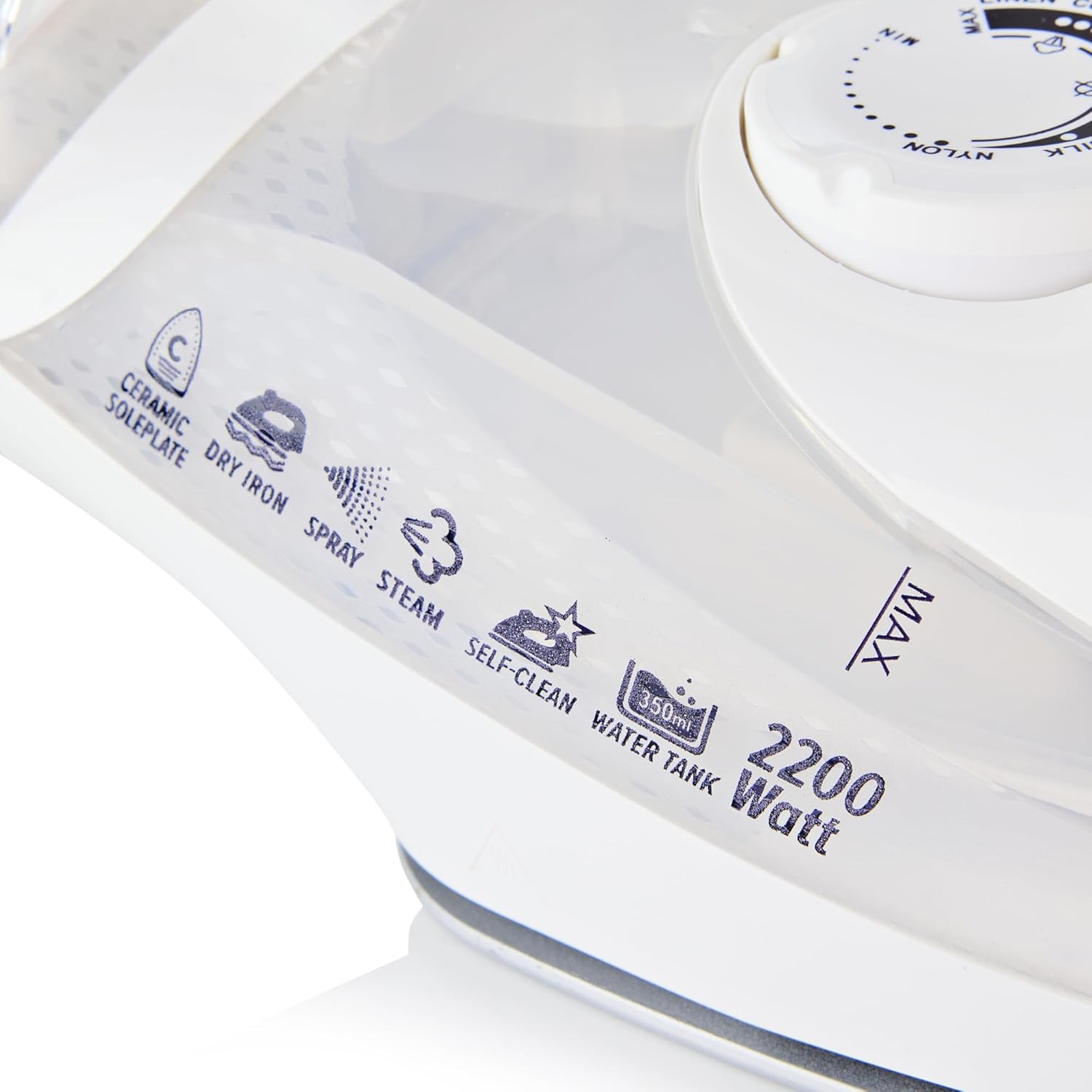 2200W Steam Iron Ceramic Soleplate 350ml Tank Anti Drip Self Clean