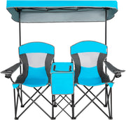 Double Camping Chair with Canopy 2 Seater Blue