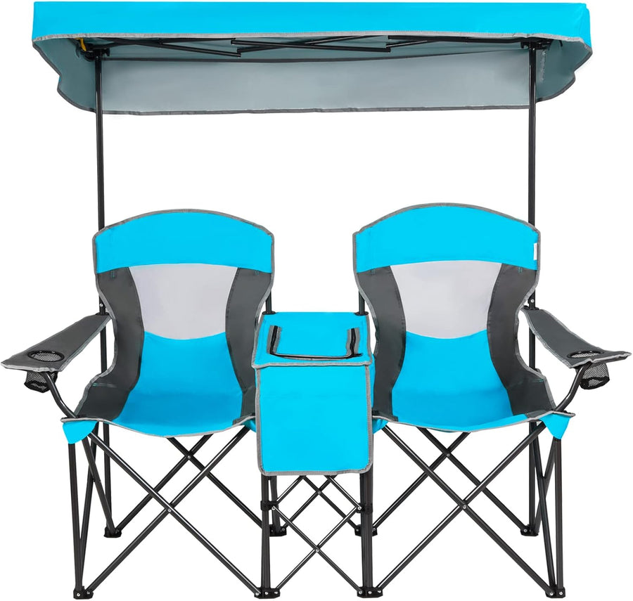 Double Camping Chair with Canopy 2 Seater Blue
