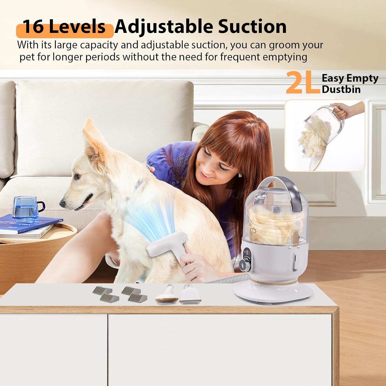 Dog Hair Vacuum Cleaner 5 in 1 Pet Grooming Kit 2L Low Noise