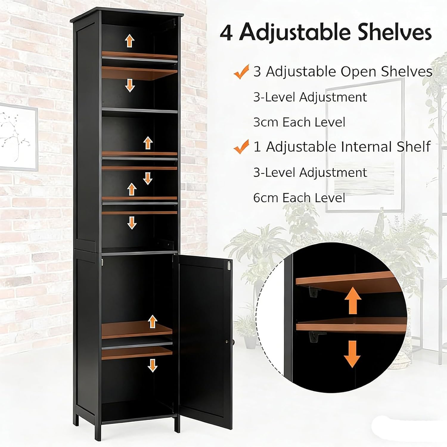Slim Tall Bathroom Storage Cabinet 5 Shelf Cupboard Black