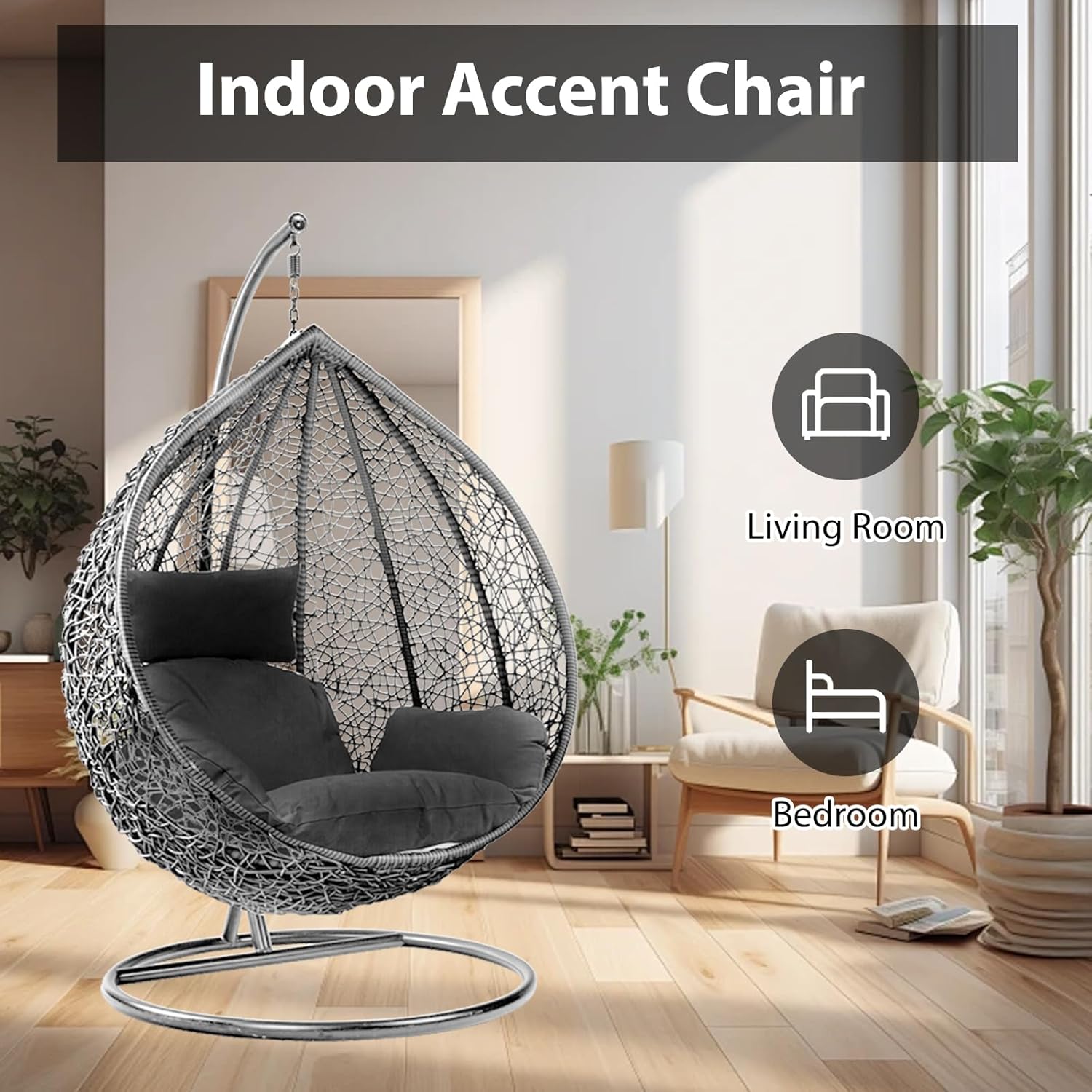 Rattan Hanging Egg Chair with Stand Black Brown
