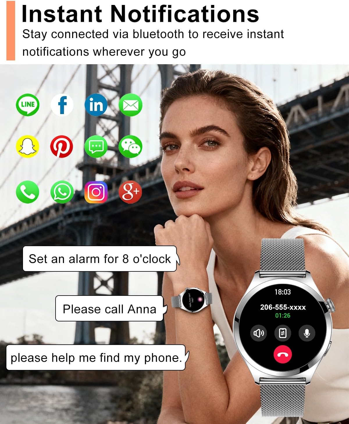 Silver Womens Smart Watch Bluetooth Calls Fitness