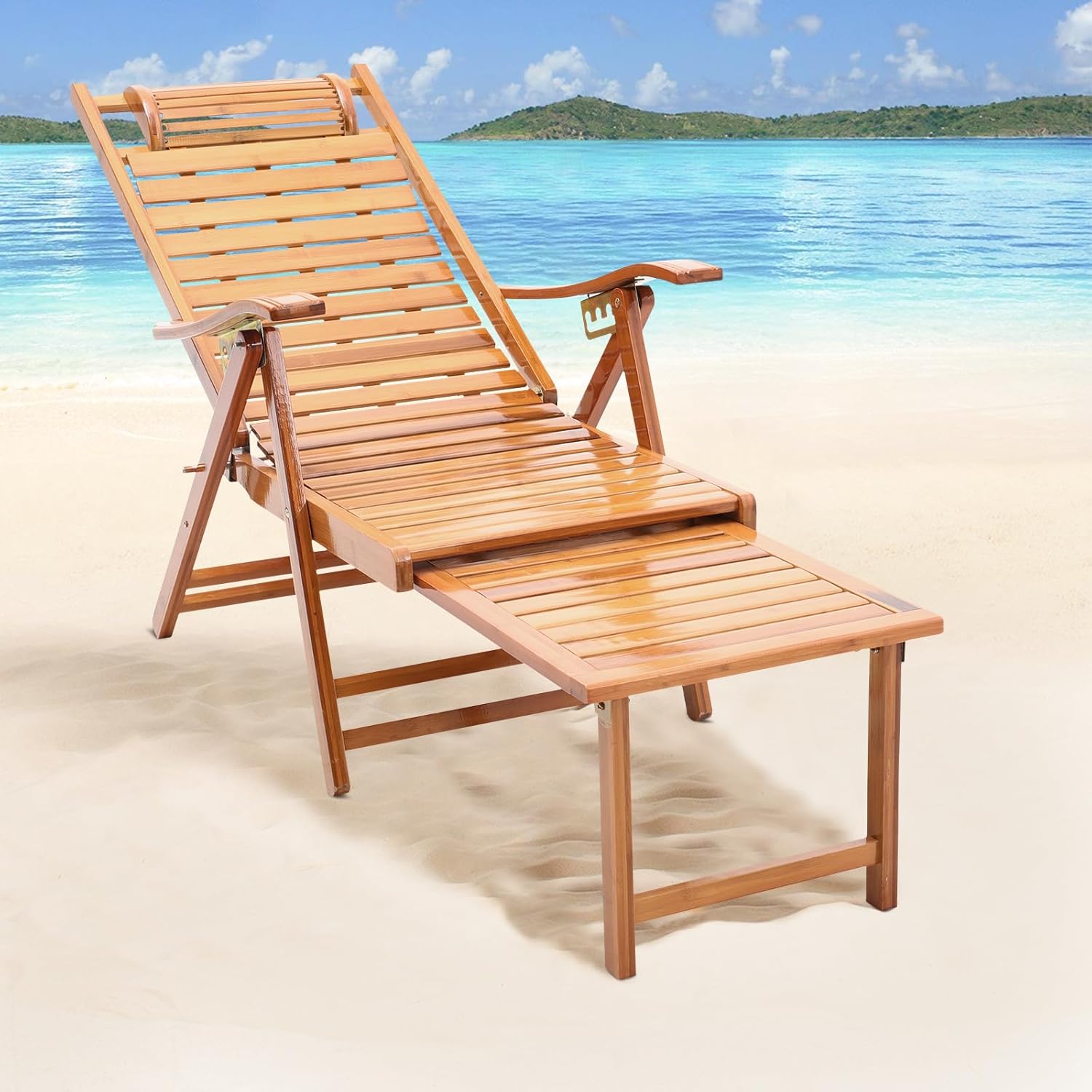 Foldable Bamboo Sun Lounger Recliner Chair 5 Position