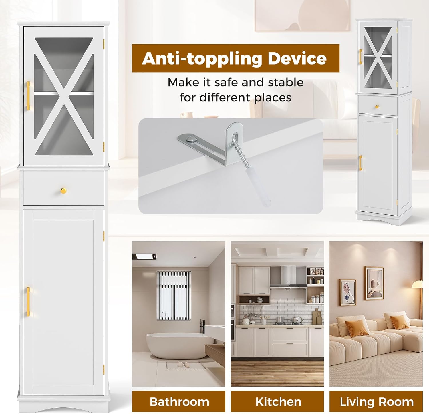 Slim Bathroom Tall Cabinet Drawer 2 Door Shelf Unit White