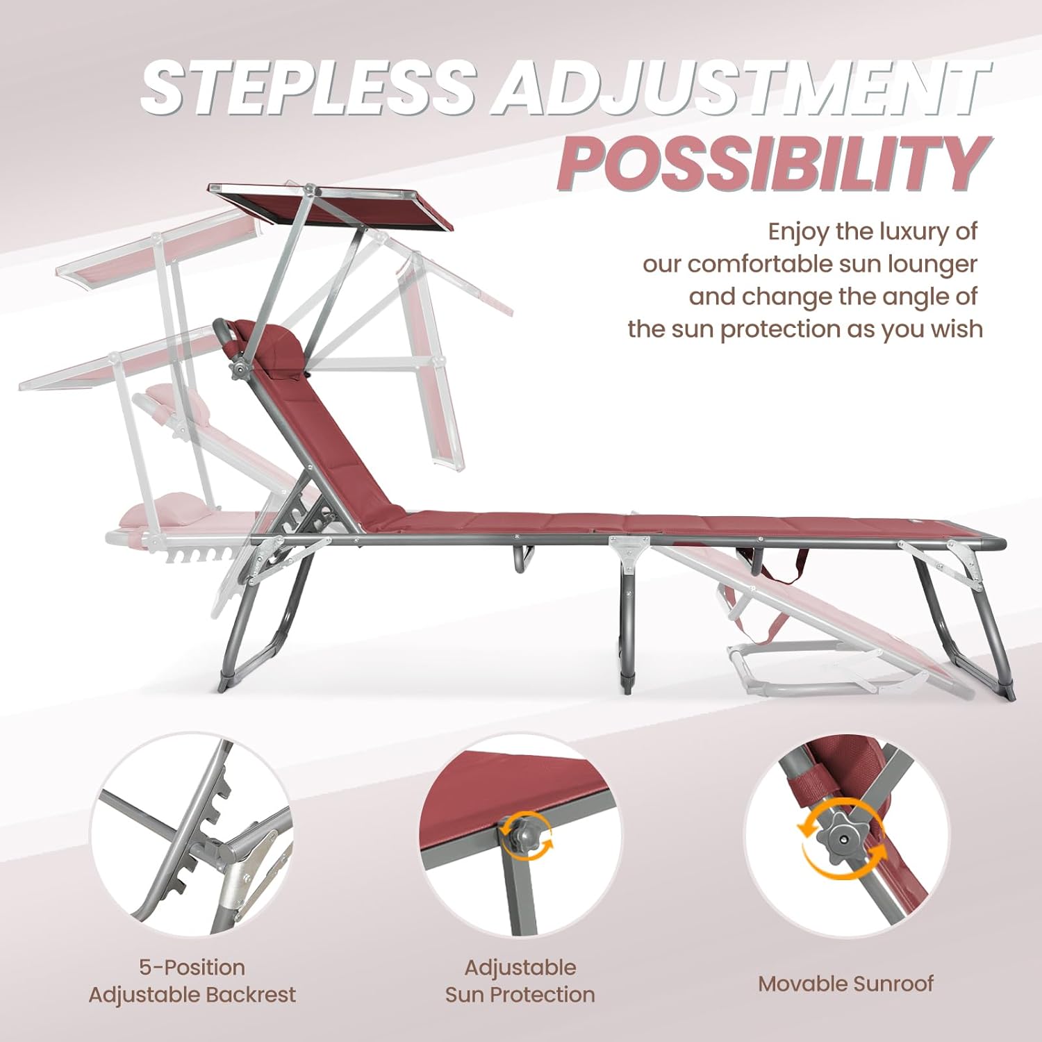 XXL Aluminium Sun Lounger with Sun Roof Adjustable Red 200x70