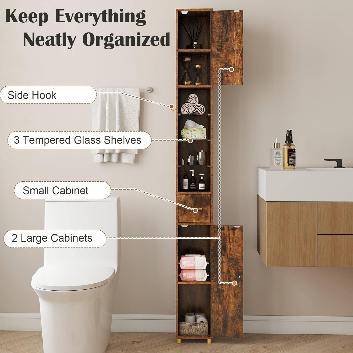 Tall Slim Storage Cabinet Rustic Brown LED Shelf Hook Unit