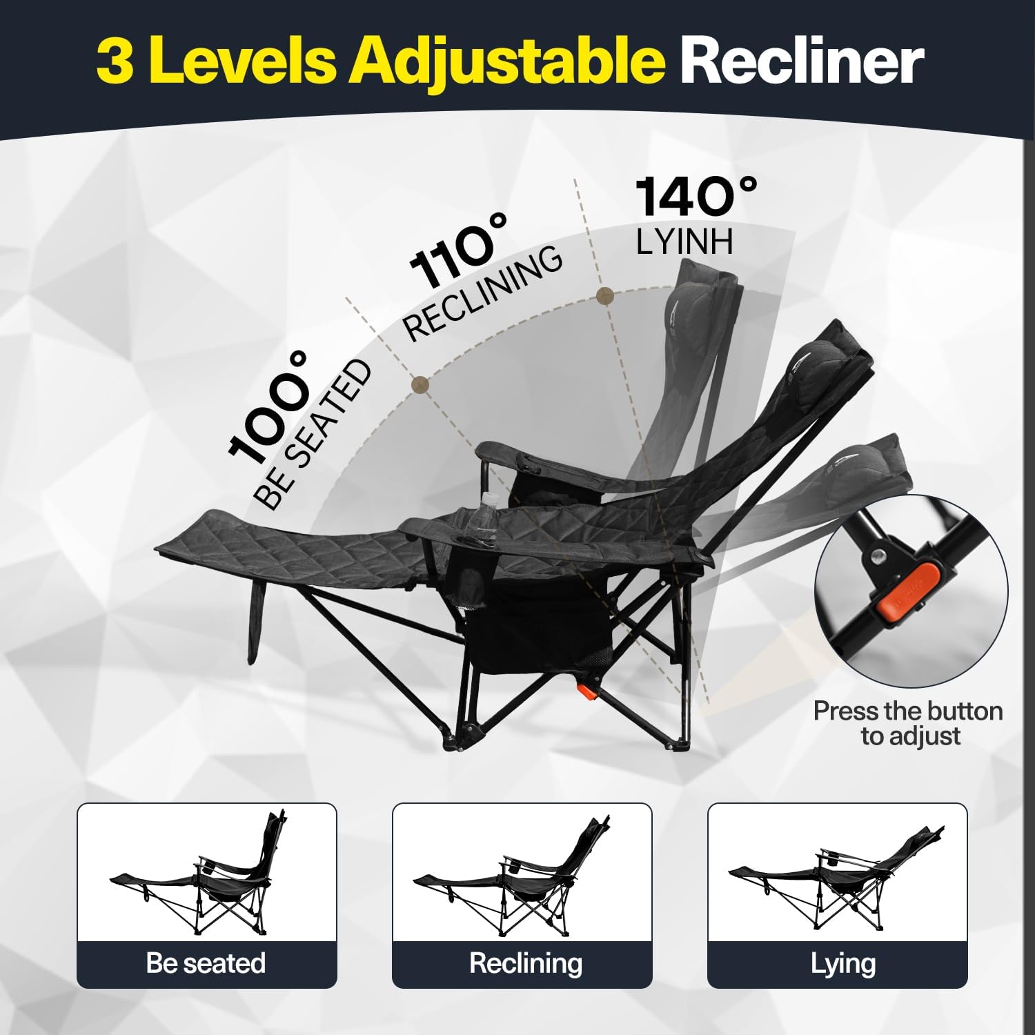 Set of 2 Reclining Camping Chairs with Footrest 300lb