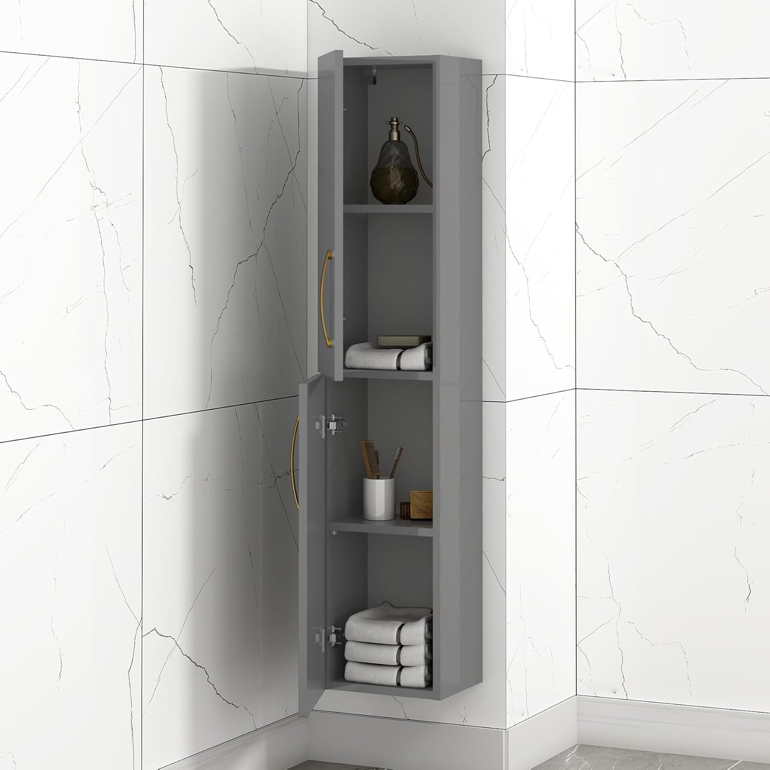 Grey Gloss Wall Hung Tall Bathroom Cabinet Gold Handle