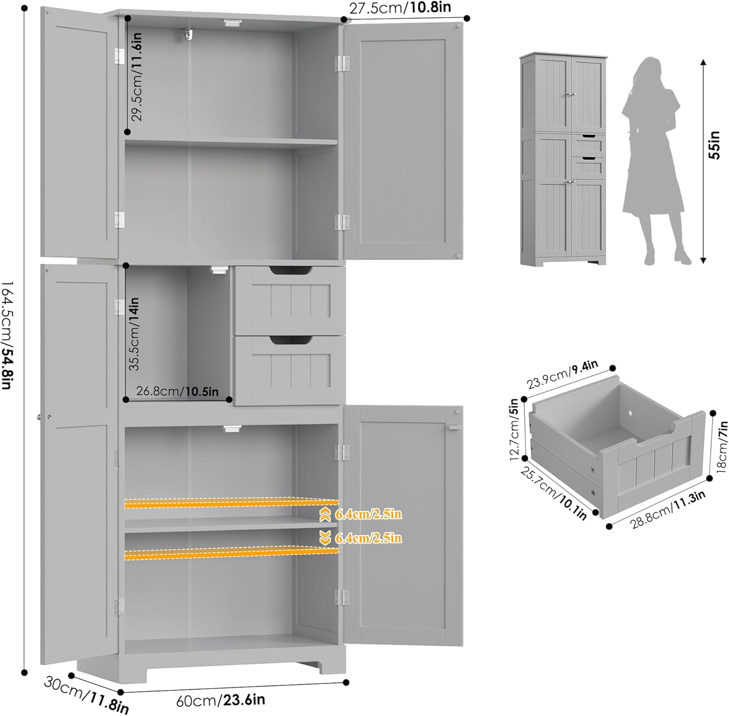 Tall Bathroom Storage Cabinet 2 Drawers Adjustable Shelves Grey