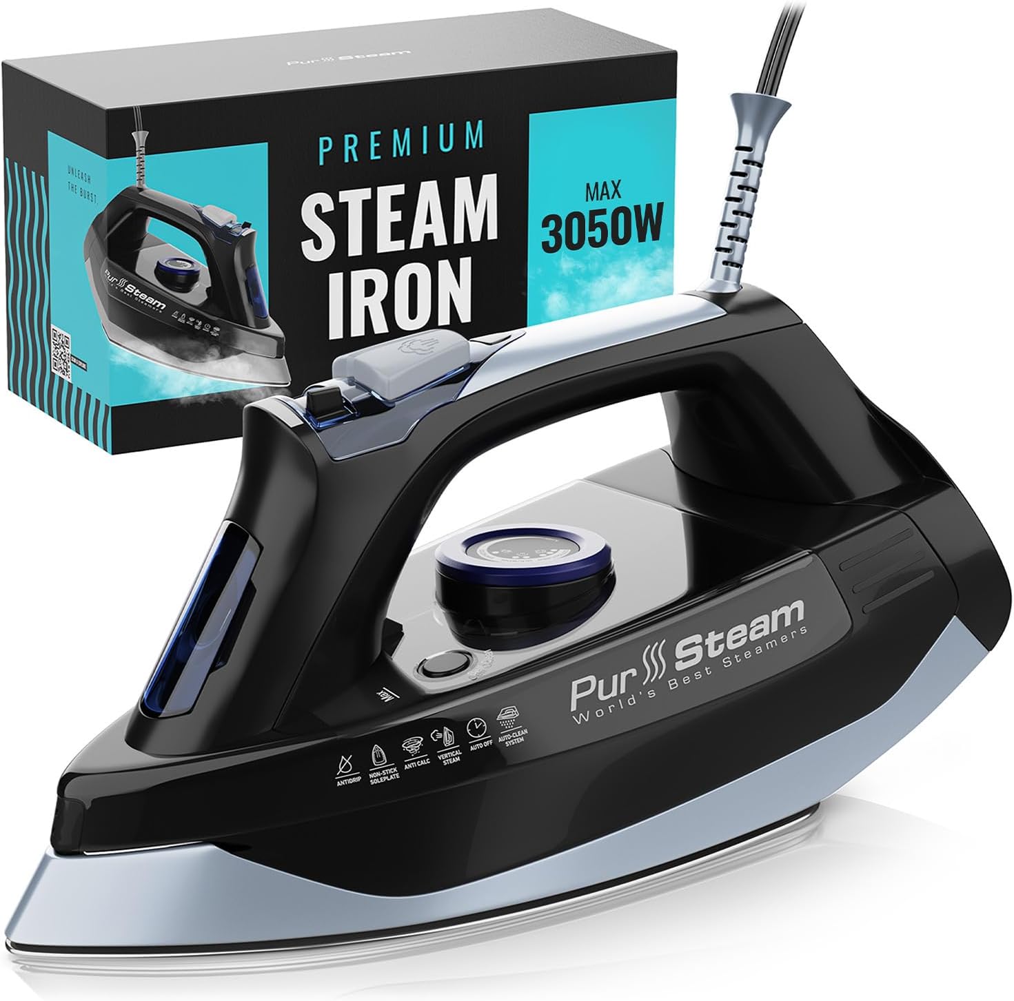 Powerful Steam Iron 3050W Stainless Soleplate Self Clean Auto Shutoff