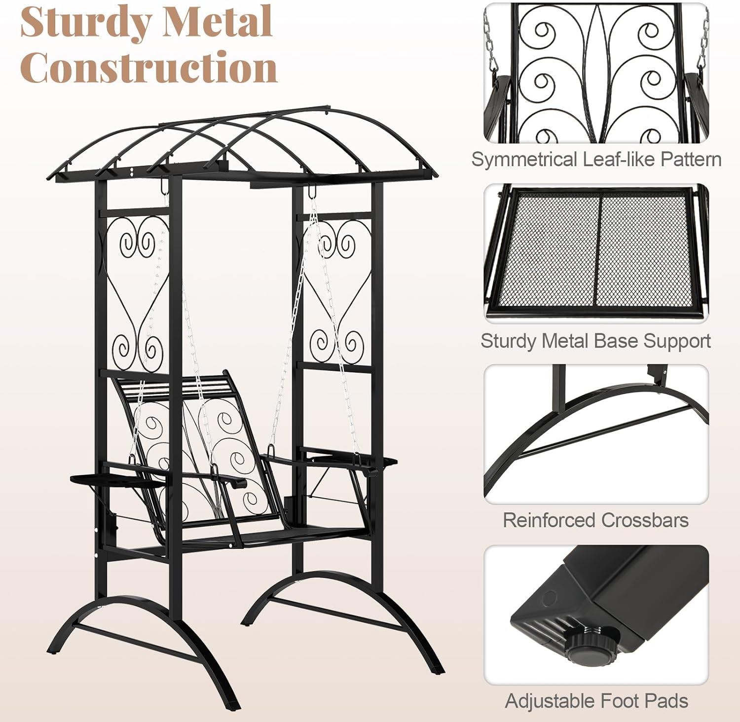Porch Swing with Stand Canopy Side Tables Beige Black