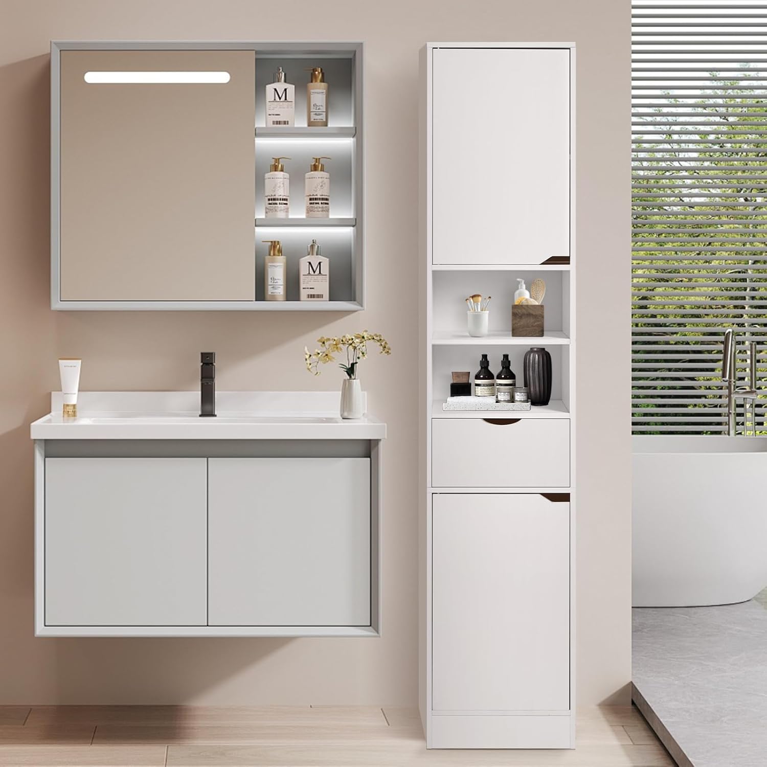 Tall Bathroom Cabinet White 8 Shelf 2 Door Storage Unit