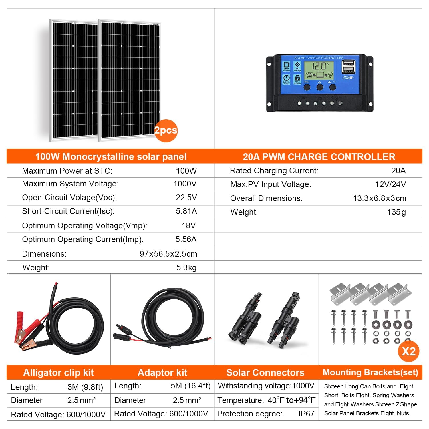 200W Solar Panel Kit 2 x 100W 18V with 20A Controller