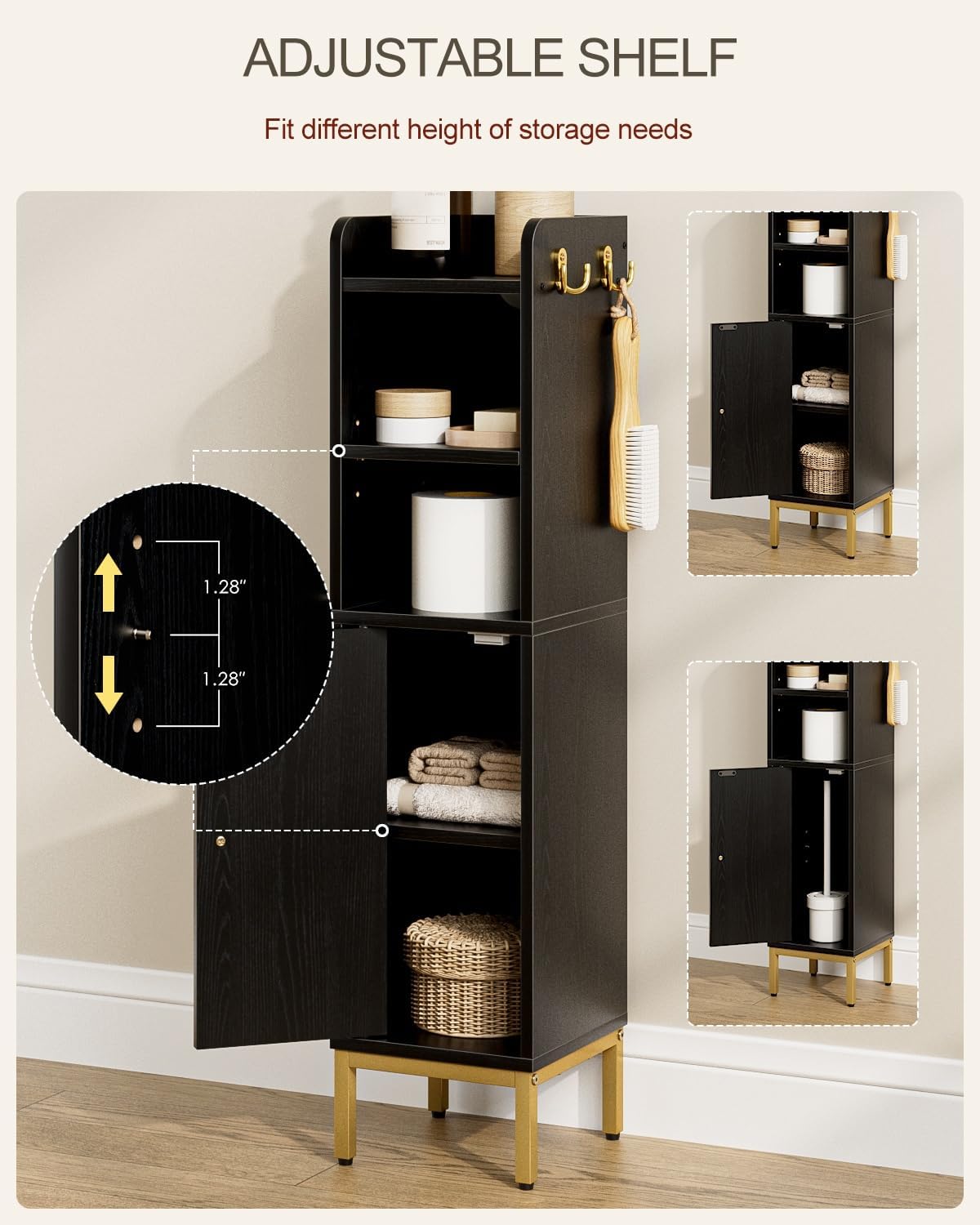 Slim Bathroom Storage Cabinet Door Black Rattan Freestanding