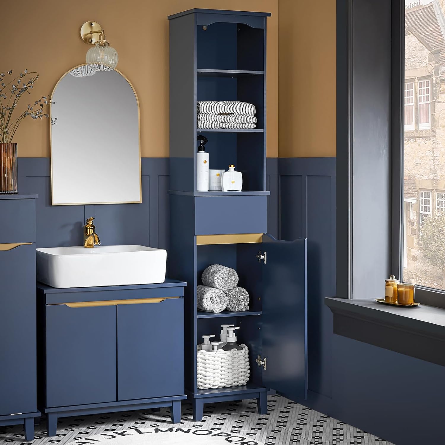Navy Blue Tall Slim Bathroom Cabinet Shelves Drawer Unit