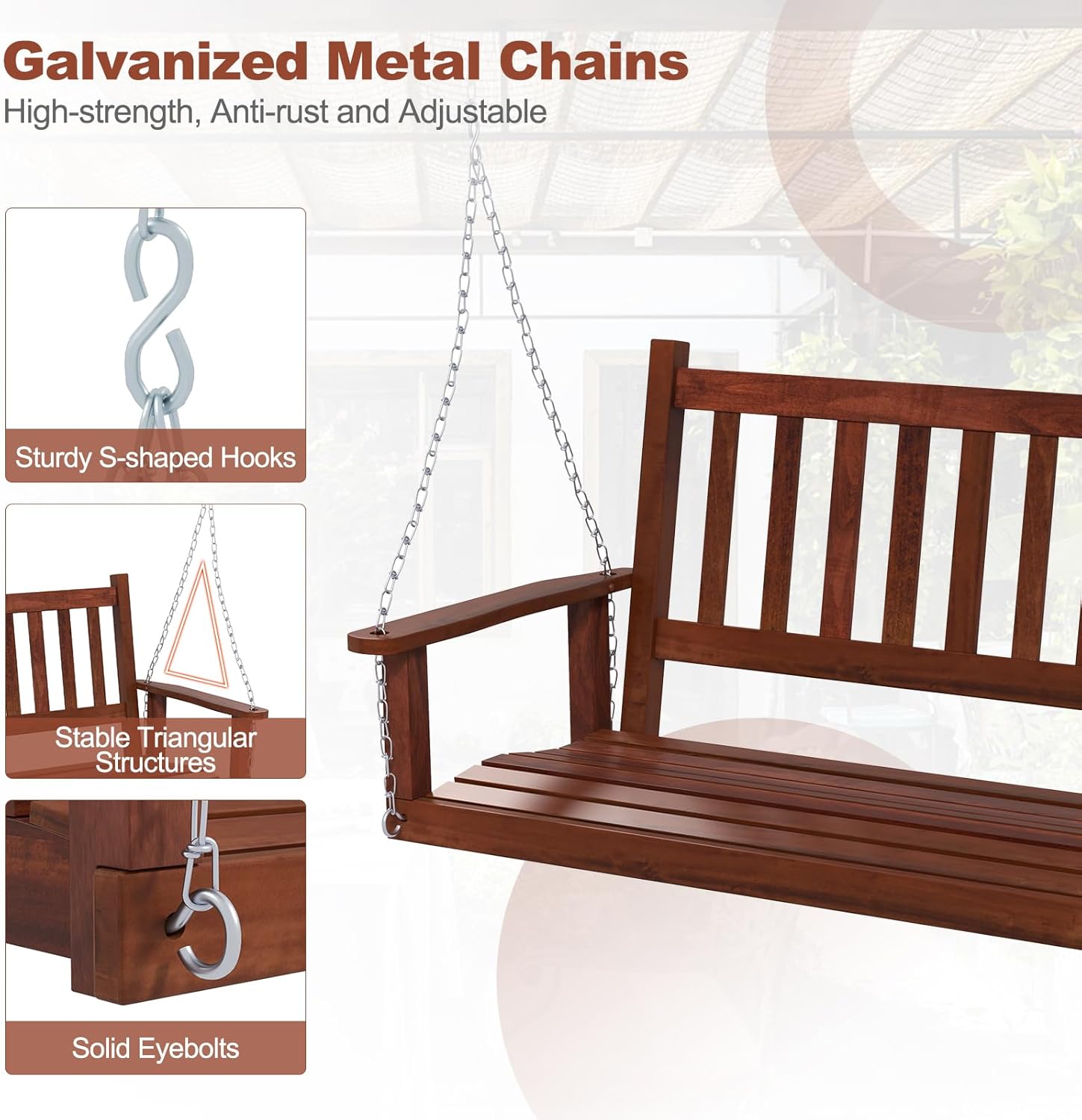 2 Seater Wooden Garden Swing Bench Hanging Patio Seat Brown