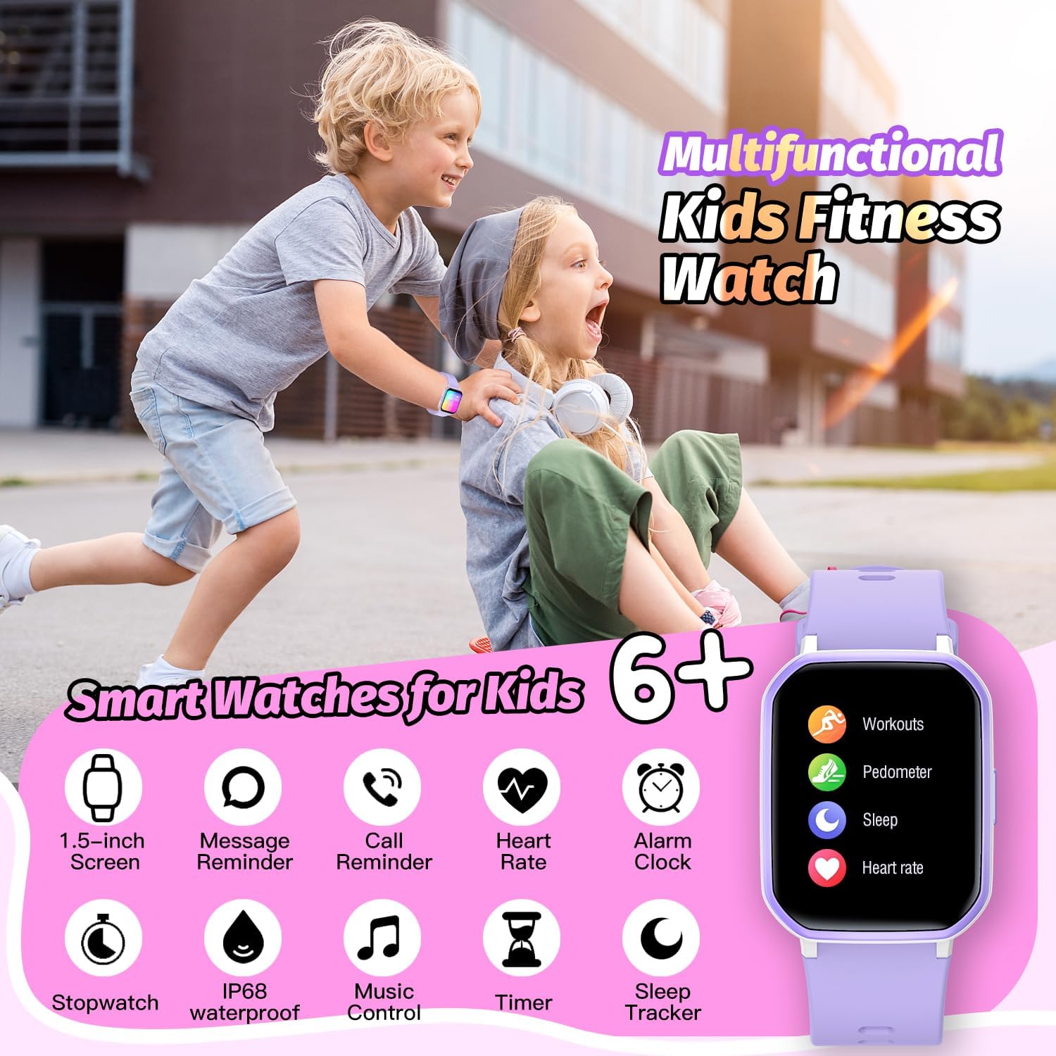 Kids Smart Watch Purple Fitness Tracker 19 Sport Modes