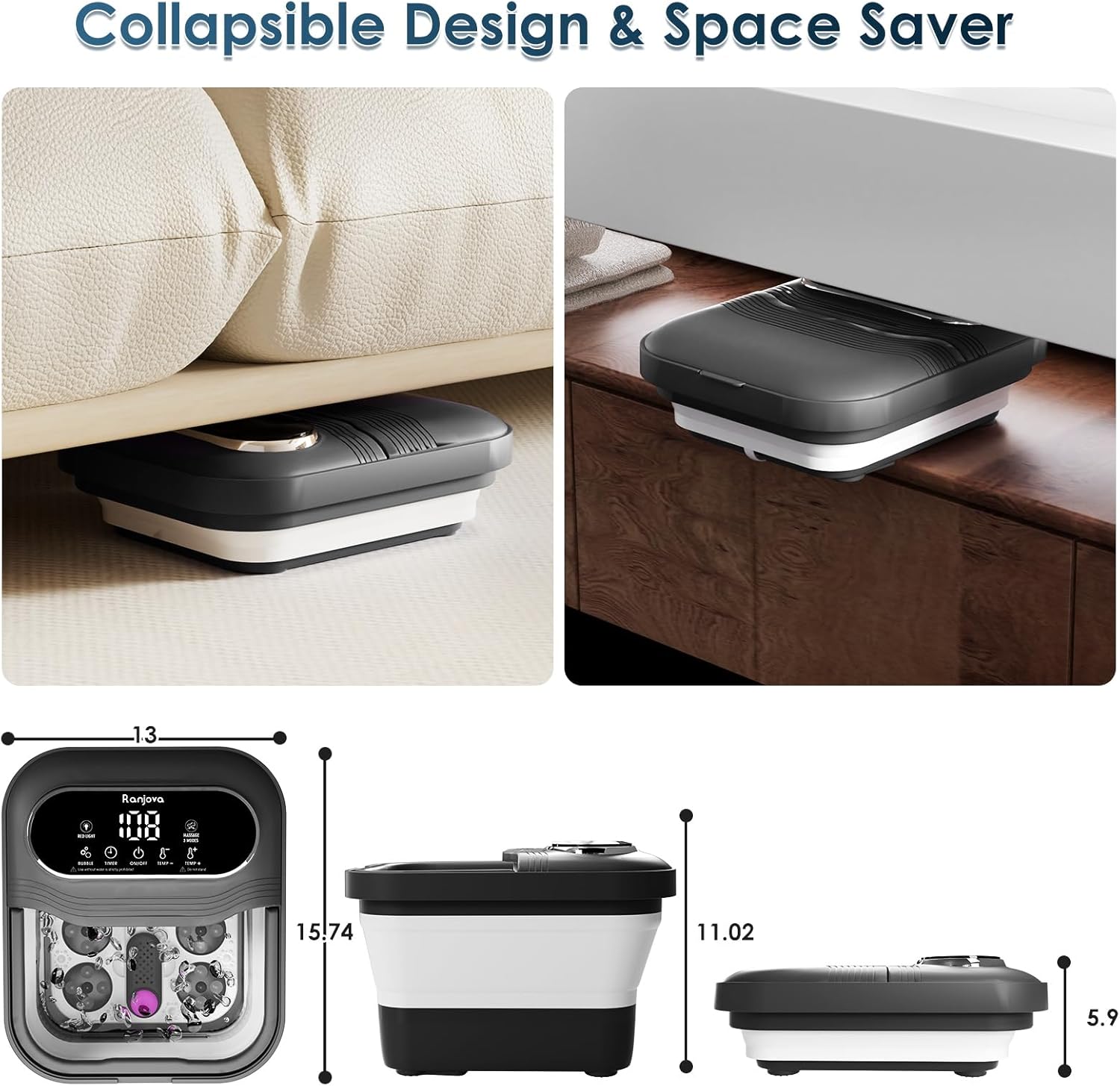 Foldable Foot Spa Massager Heat Bubble Shiatsu Balls Temp Control