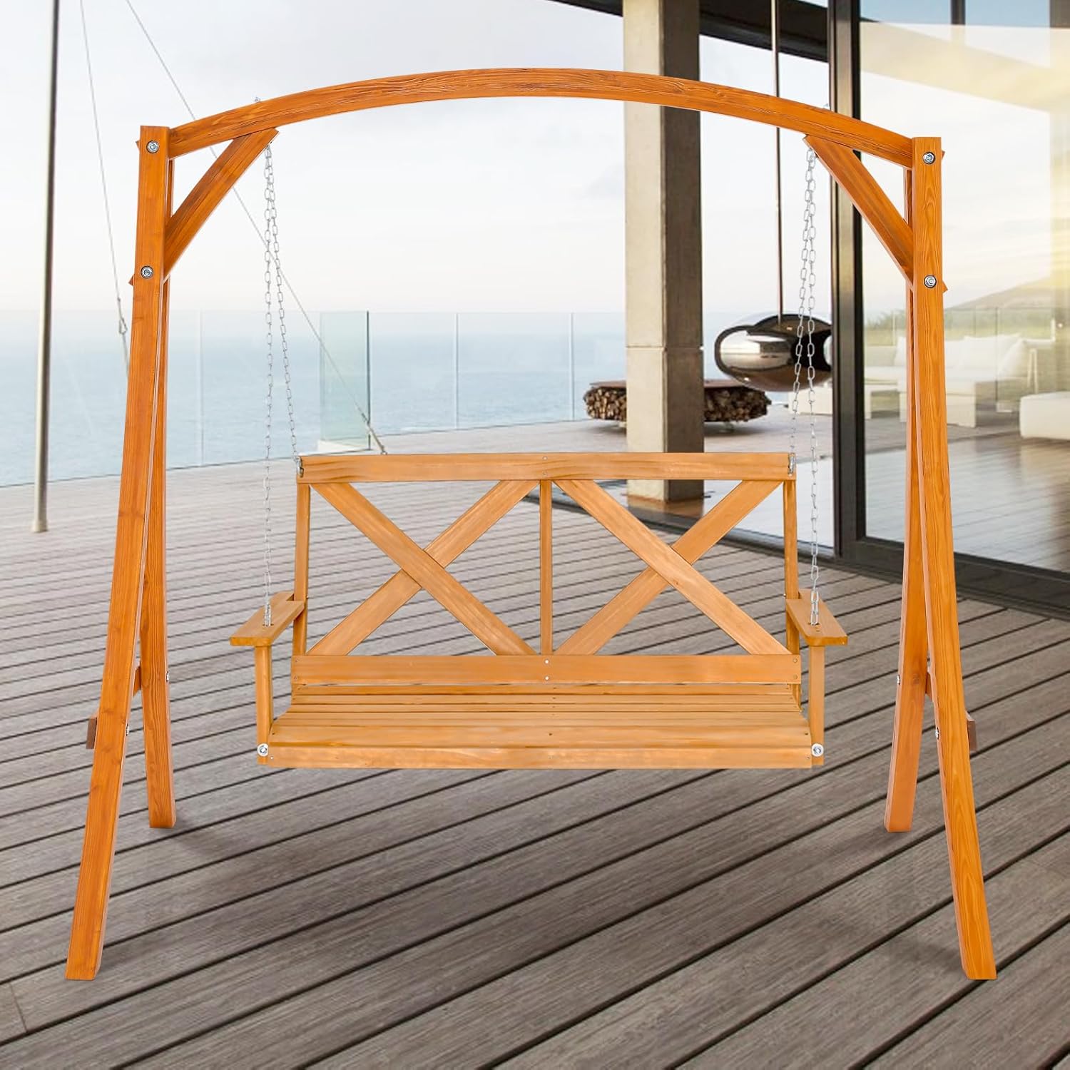 2 Seater Wooden Garden Swing Chair with Stand