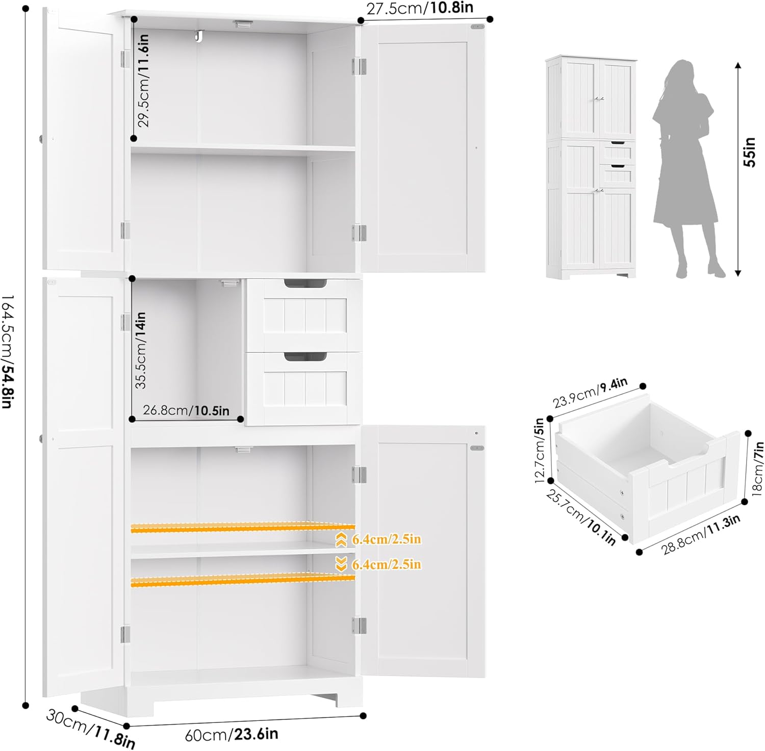 Tall Bathroom Storage Cabinet 2 Drawers Shelves White 164cm