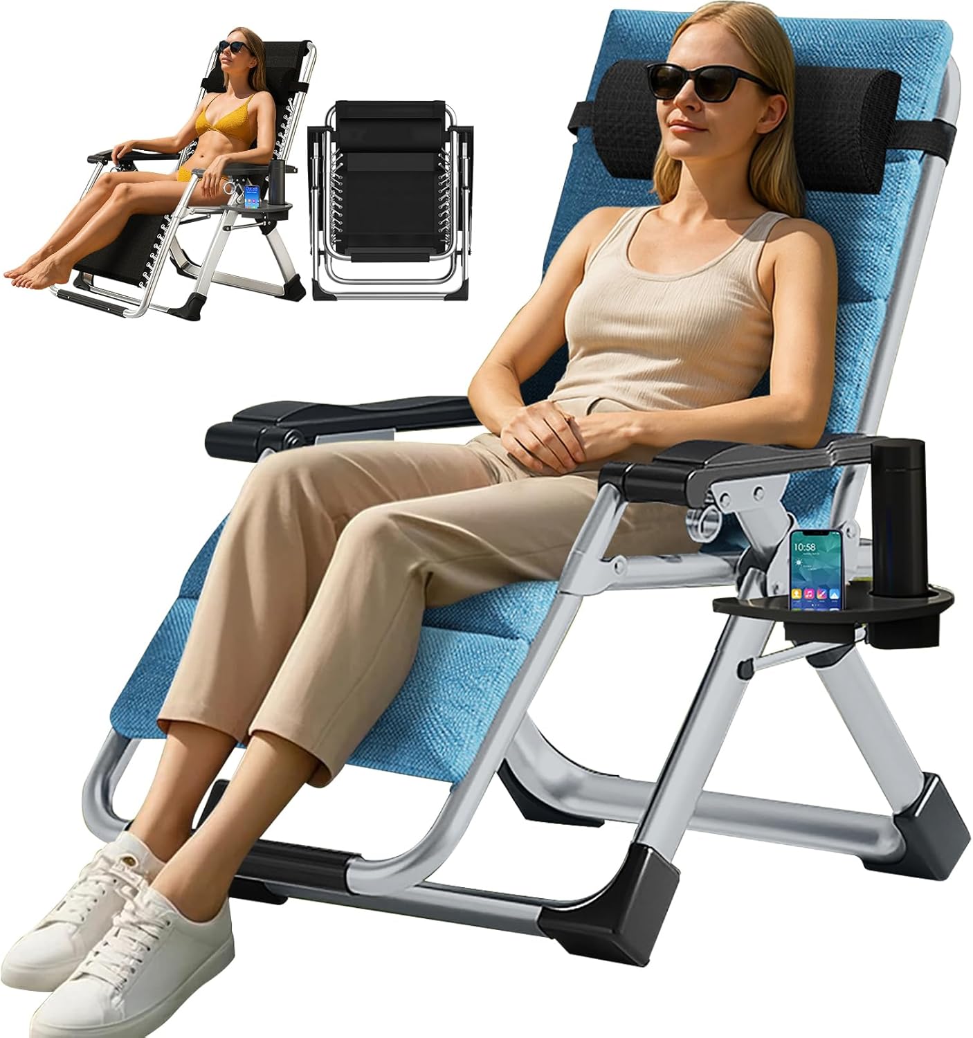 Zero Gravity Recliner Chair Folding Sun Lounger Flax Blue