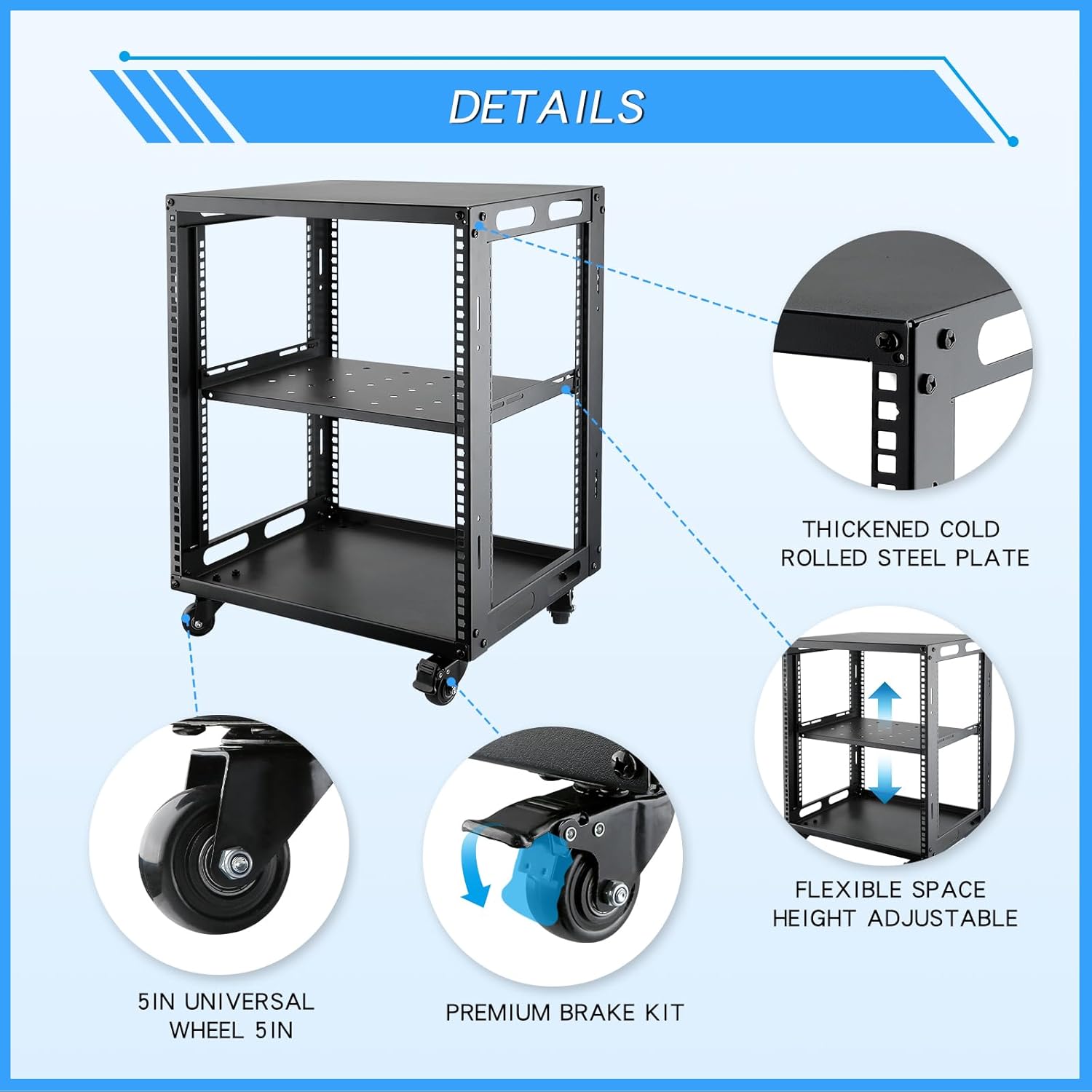 12U Open Frame Server Rack with Wheels 4 Post Mobile Stand