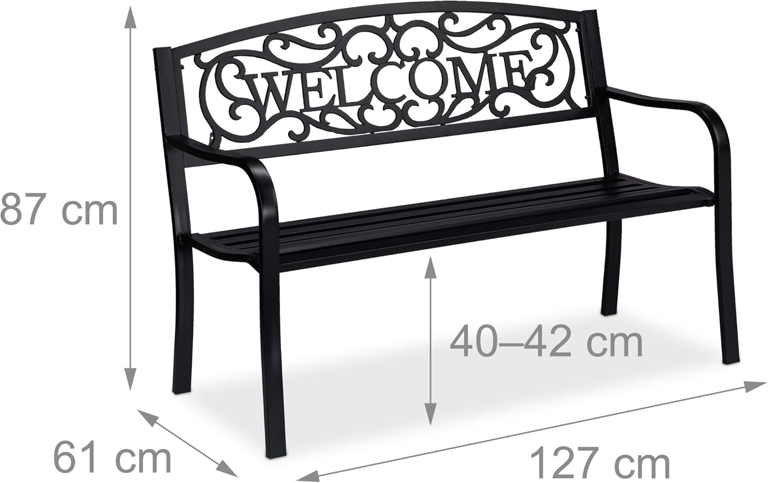 2 Seater Metal Garden Bench Welcome Backrest Patio Seat Black