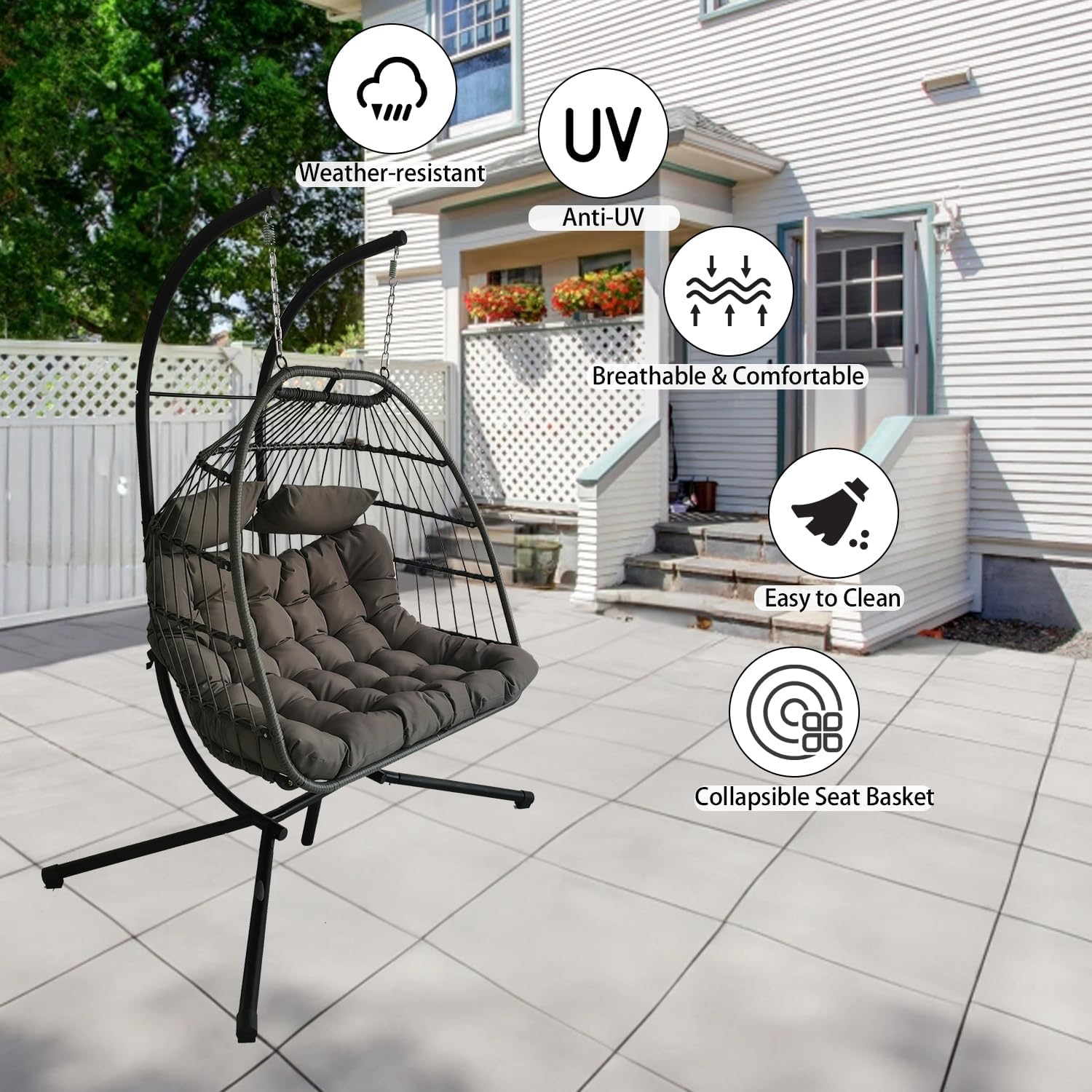 Double Egg Chair Swing Rattan Hanging Seat Stand Cushions Grey