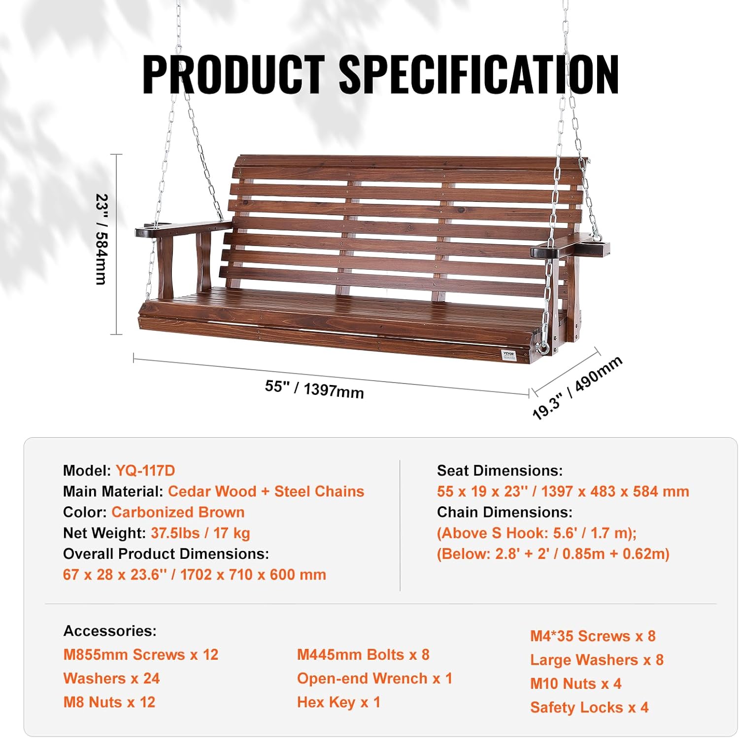 Brown Wooden Porch Swing Bench 5.5ft with Cup Holders