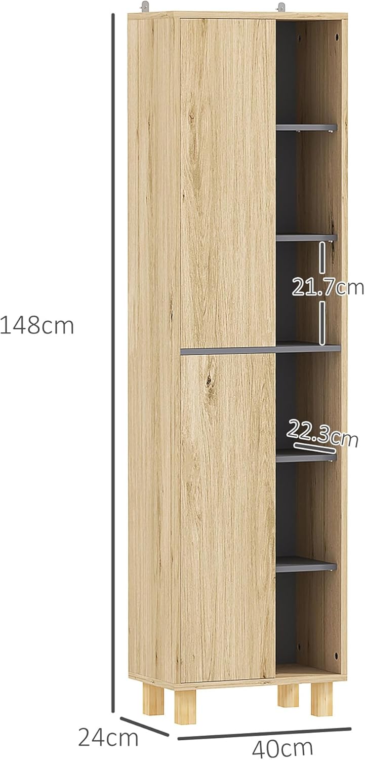 Tall Bathroom Storage Cabinet Natural Wood 6 Shelves Unit