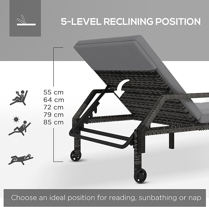 PE Rattan Sun Lounger Recliner 5 Position with Wheels Grey