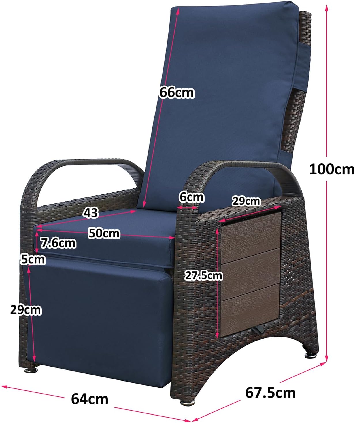 Rattan Recliner Garden Chair with Side Table Navy Blue