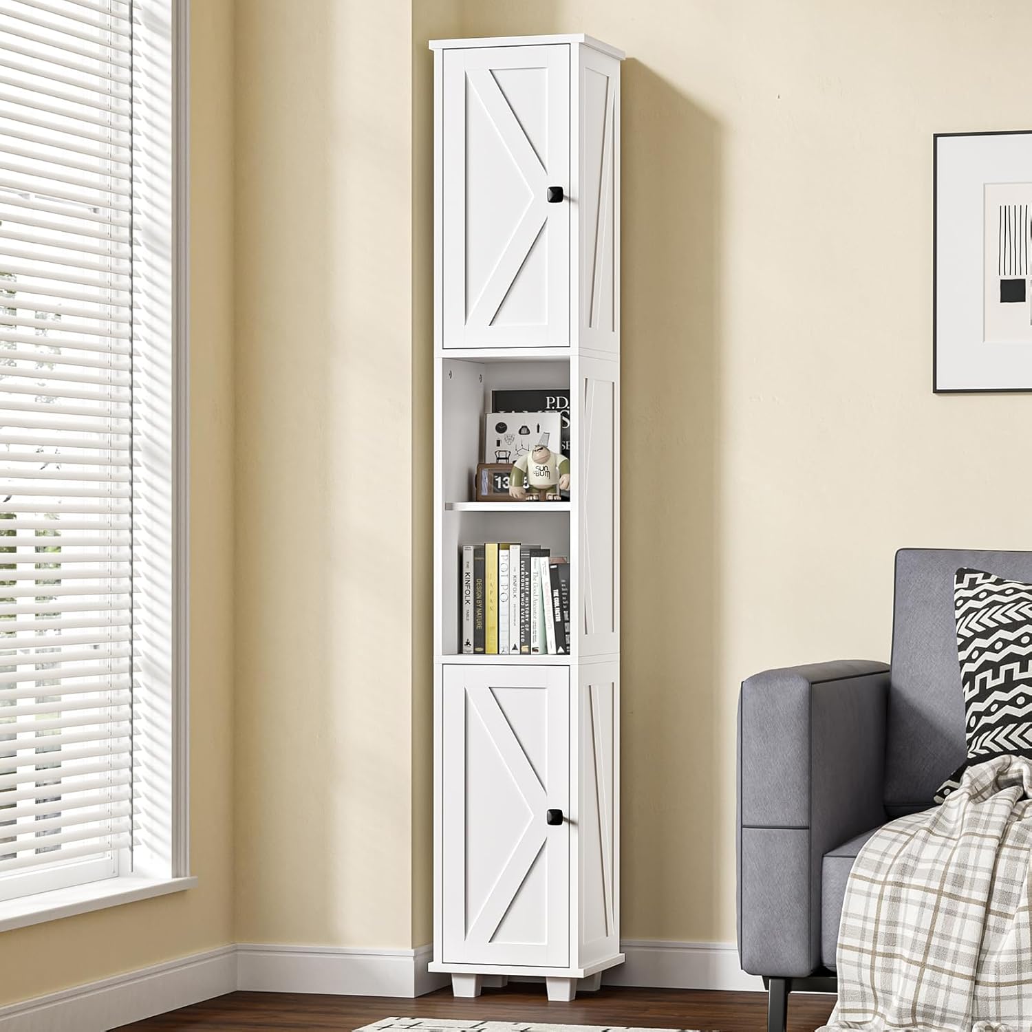 Slim Tall Storage Cabinet 6 Shelf 2 Door Unit White