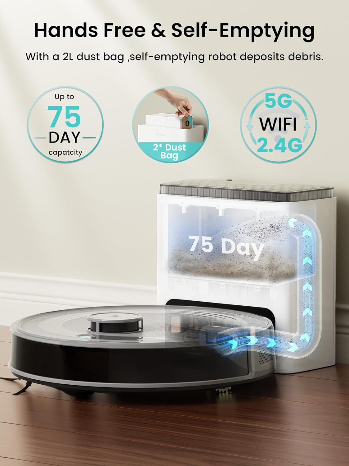 Robot Vacuum Mop Self Empty 10000Pa LiDAR WiFi 75 Day Auto Clean