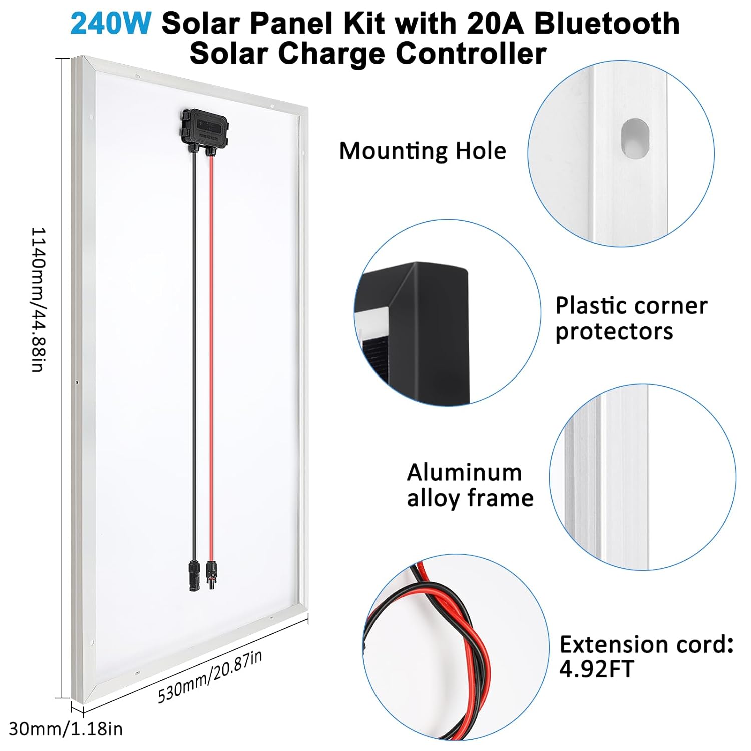240W Solar Panel Kit 12V 24V Bluetooth Controller RV Boat Off Grid