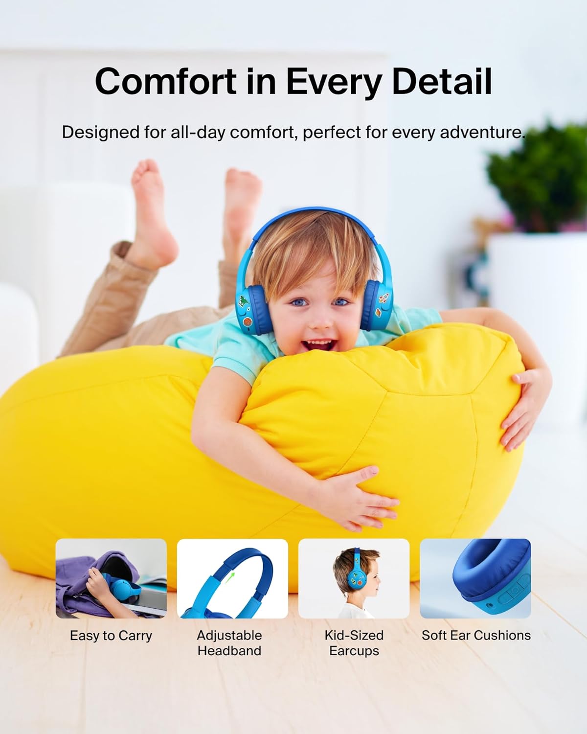 Kids Bluetooth Headphones With Mic Safe Volume 30 Hour Playtime