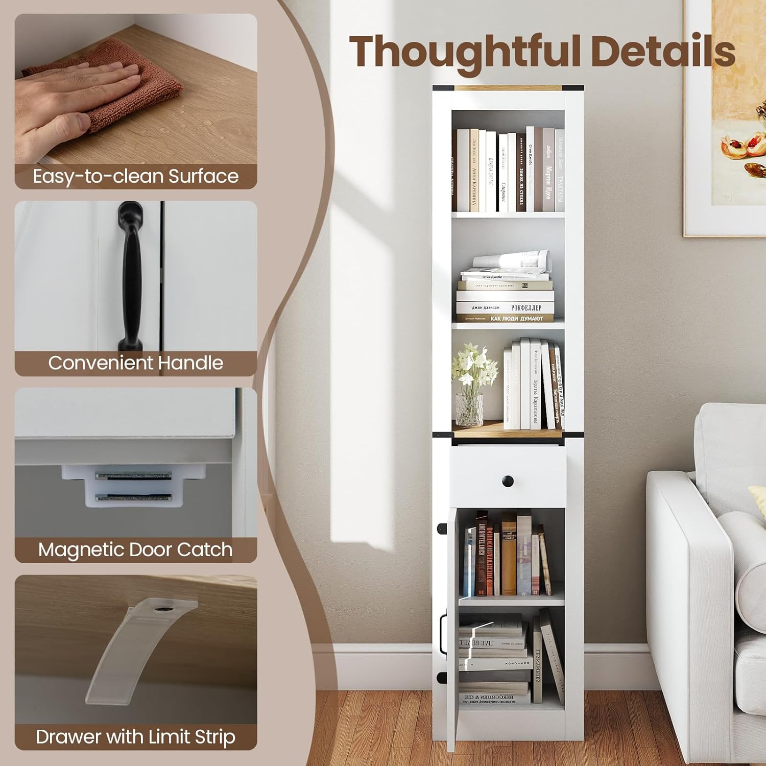 Farmhouse Tall Bathroom Cabinet Drawer Shelf Unit White Brown