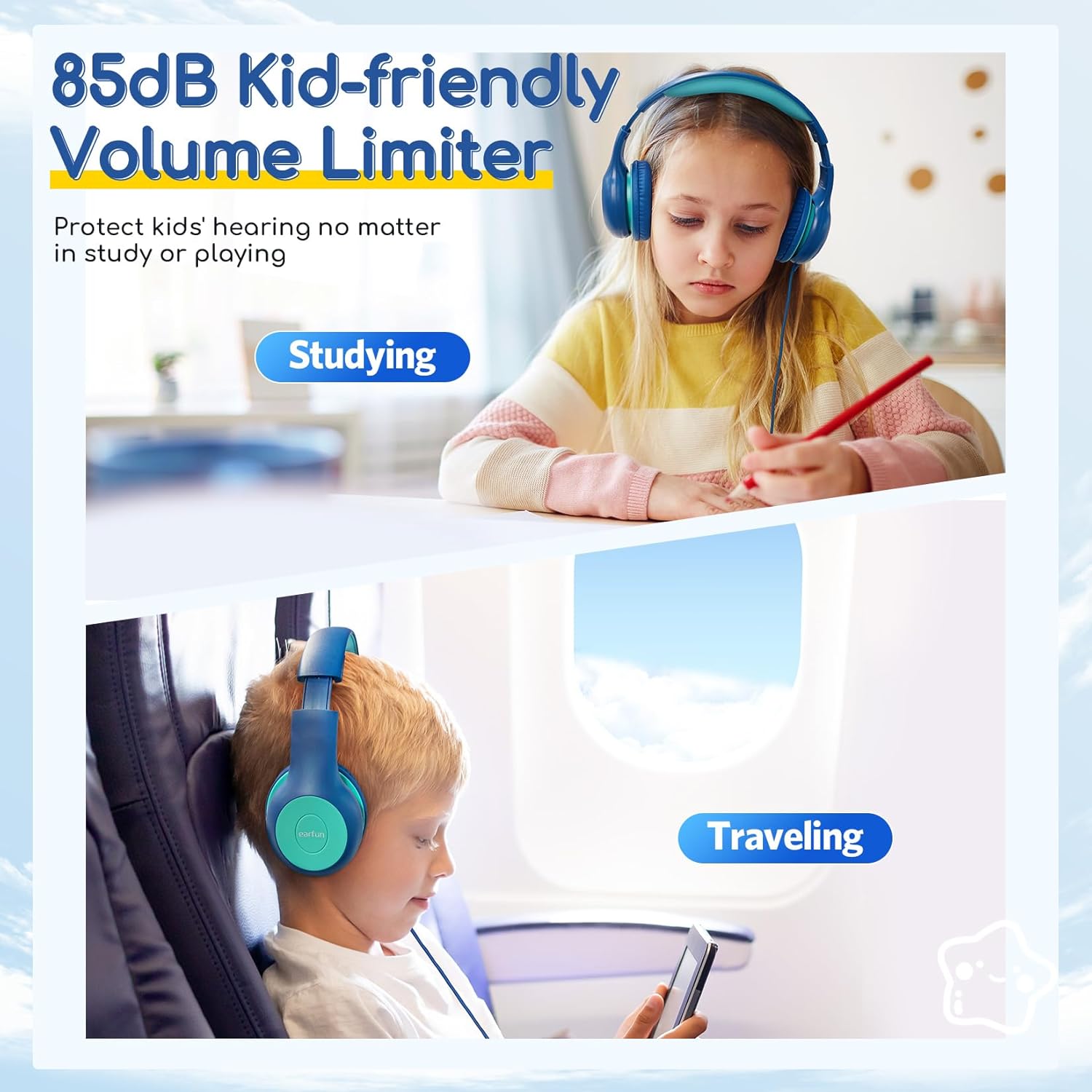 Kids Wired Headphones 85dB Volume Limit Foldable Over Ear Stereo