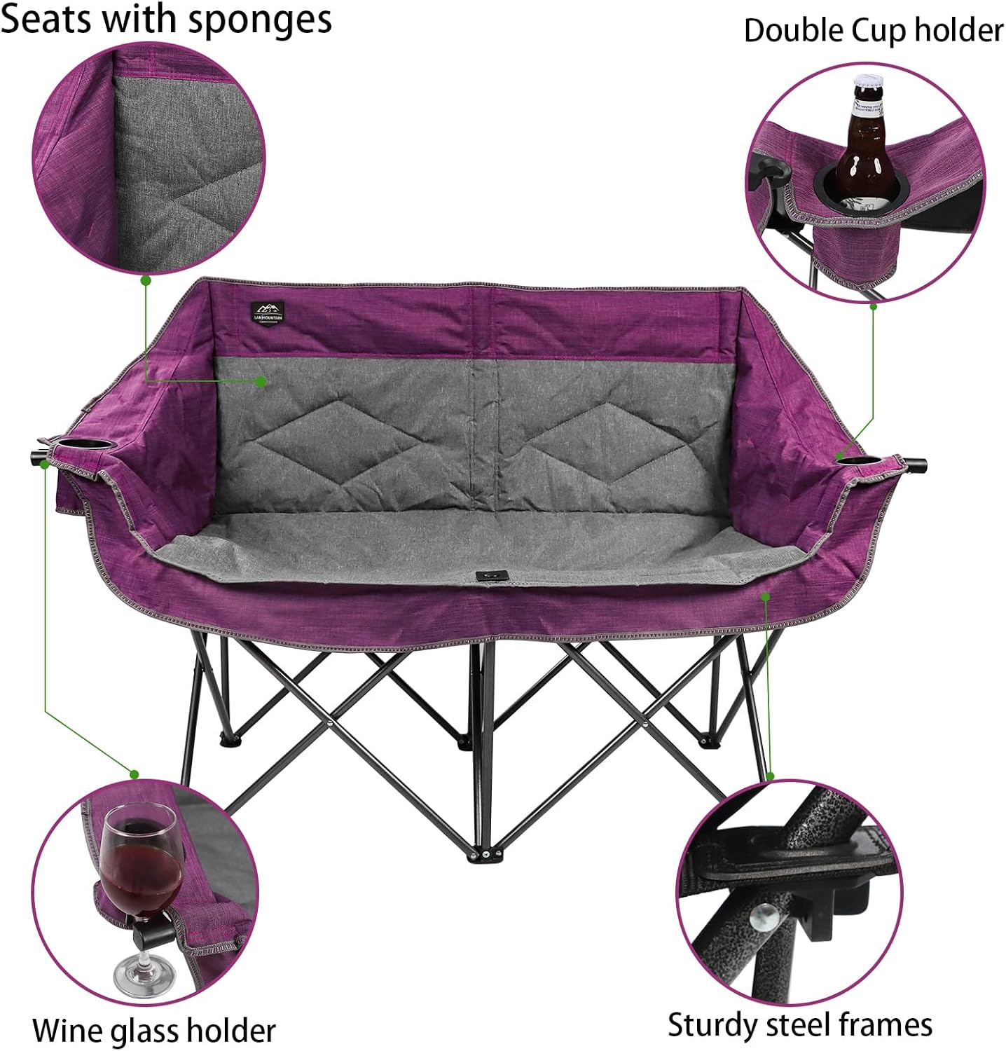 Purple Double Folding Loveseat Camping Chair for 2