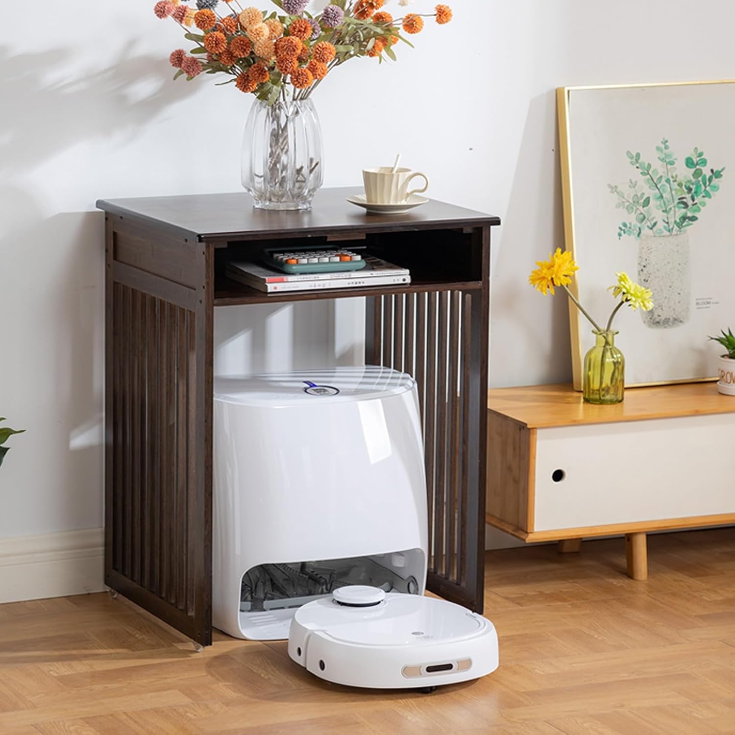 Rolling Robot Vacuum Storage Cabinet Bamboo Organizer Cart End Table