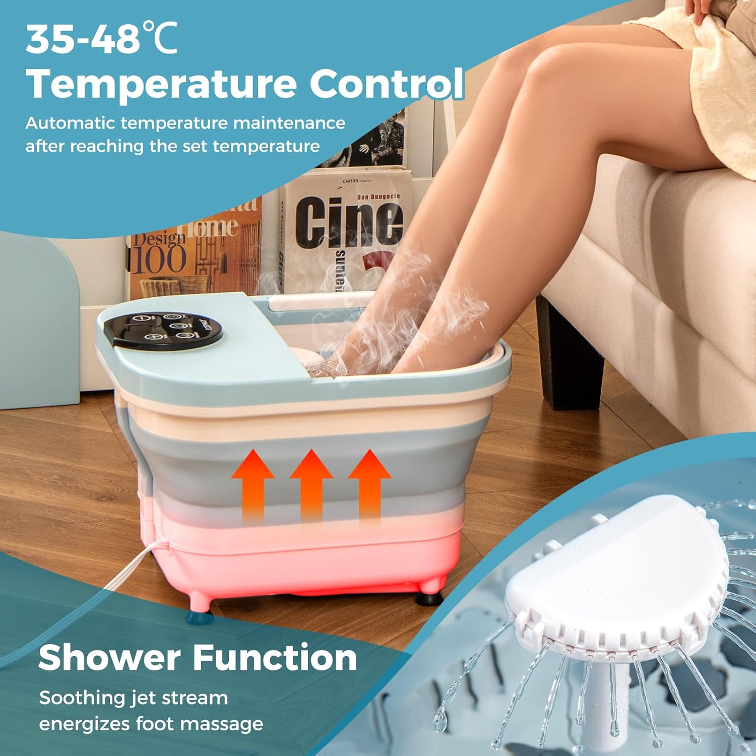 Collapsible Foot Spa Massager Heat Shower 30 Rollers Timer