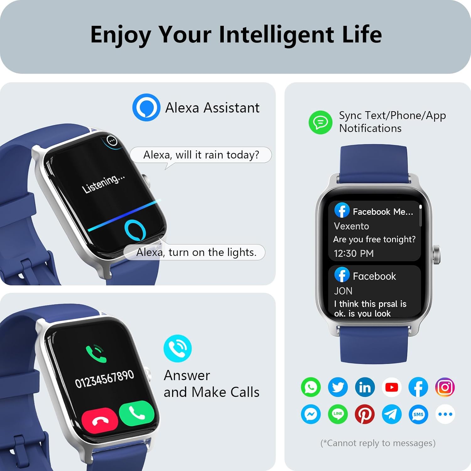 Smart Watch Bluetooth Call Alexa Fitness Tracker Blue